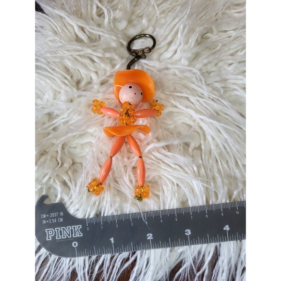 Beaded Lady Kitsch Keychain Vintage Reproduction wooden face - Picture 1 of 5